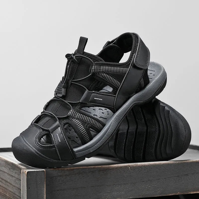 Men's blue summer casual sports shoes with Velcro strap and mesh upper.