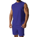 Men's sleeveless cotton blend sports top and matching casual shorts set in army green.
