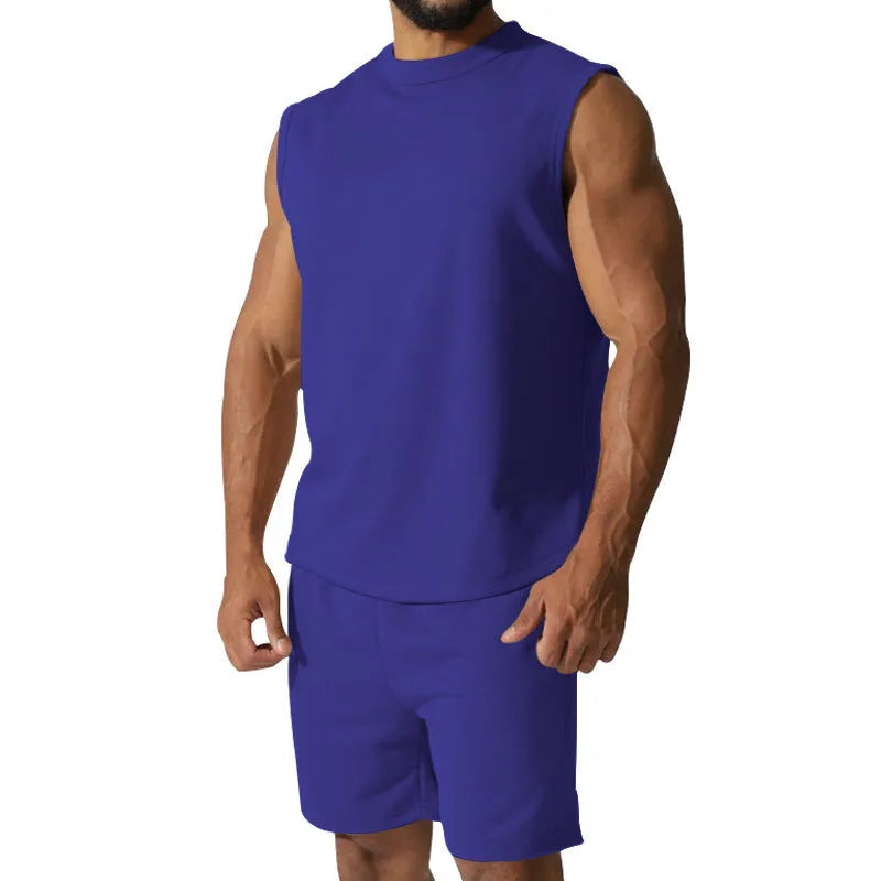 Men's sleeveless cotton blend sports top and matching casual shorts set in army green.