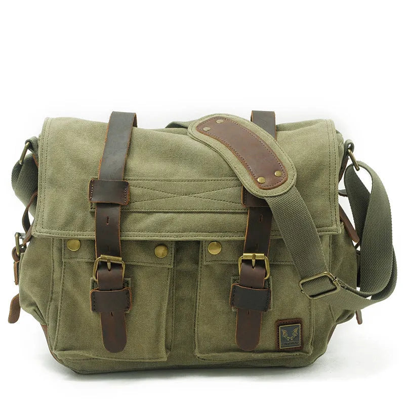 Men's canvas crossbody bag with postman flap in army green colour showing internal compartments