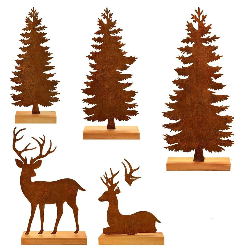 Set of three rustic metal Christmas ornaments featuring elk and tree silhouettes with an aged iron finish.