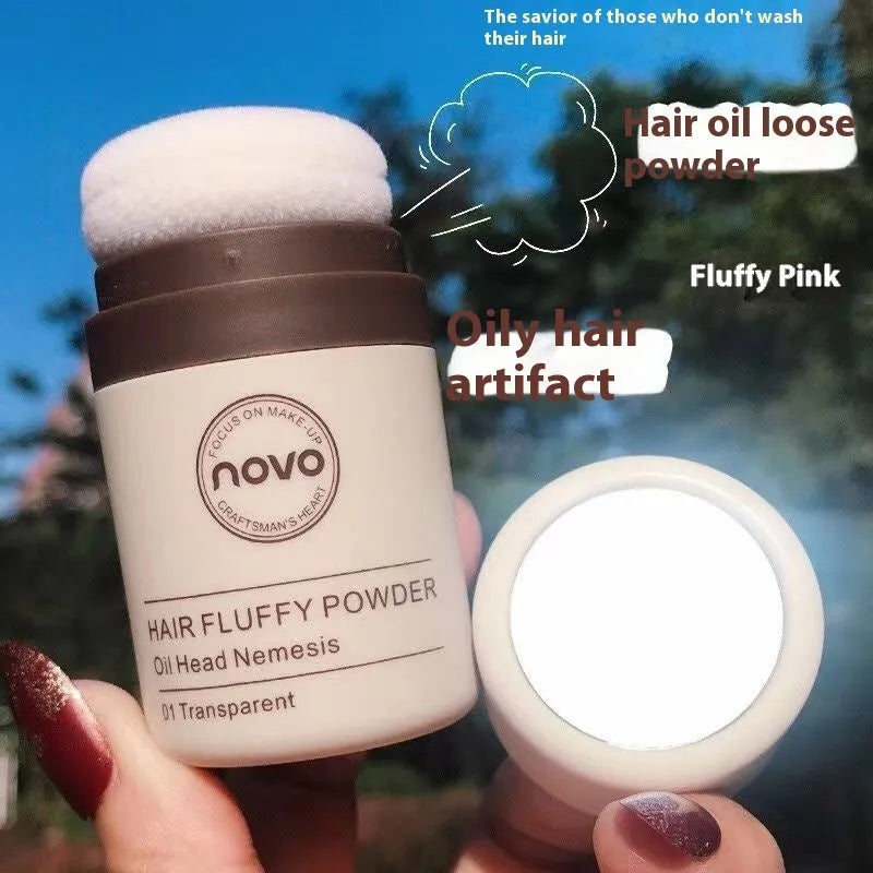 Compact of mattifying face powder for oil control on hairline and skin, shown in transparent, brown, and dark brown shades.