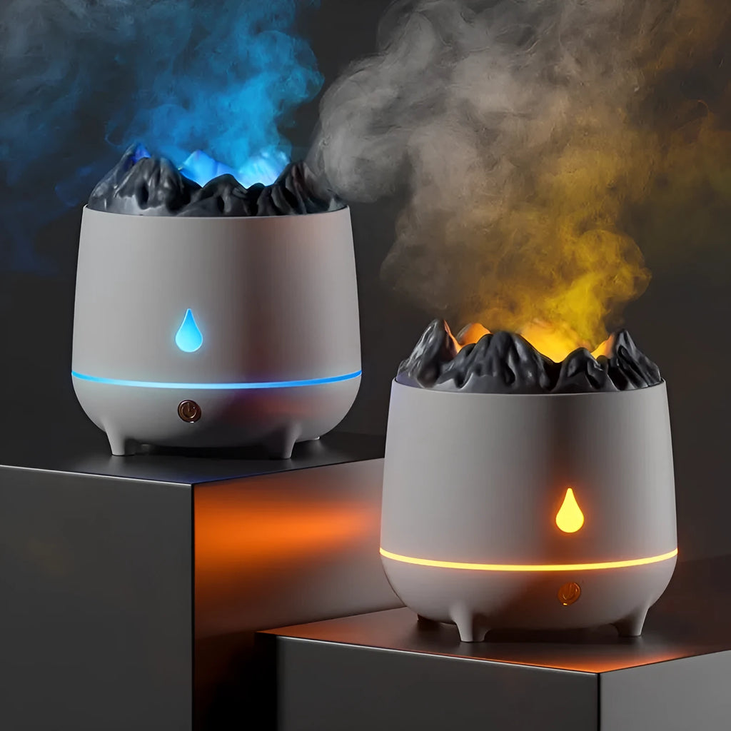 White volcanic-shaped ultrasonic humidifier and essential oil diffuser with USB cable on a wooden table.