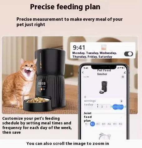 Black automatic pet feeder with digital display and food compartment