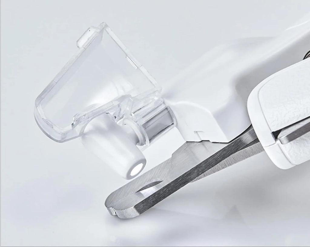 White pet nail clippers with LED light, transparent anti-splash guard, and integrated nail file on a grey background.