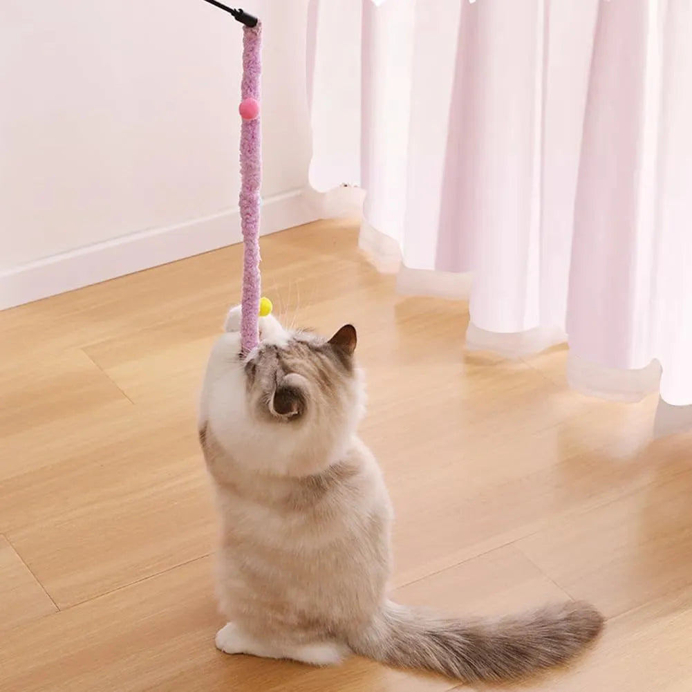 Cat wand toy with colourful fluffy ball and bell on 60cm plush strip attached to 41cm pole