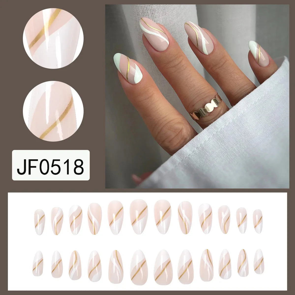 Golden Lines plaid pattern wearable nail stickers with jelly glue for medium drop-shaped fingernails.