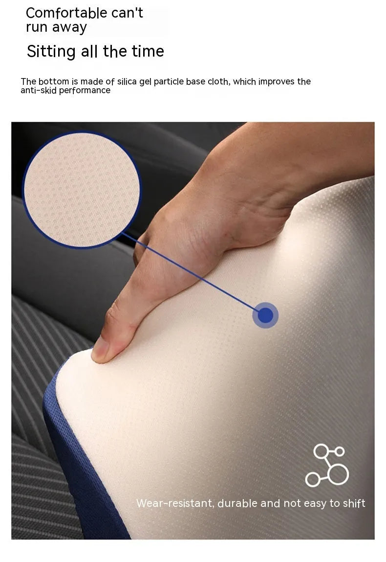 Black car seat cushion measuring approximately 42x39cm with 6cm thickness for height improvement