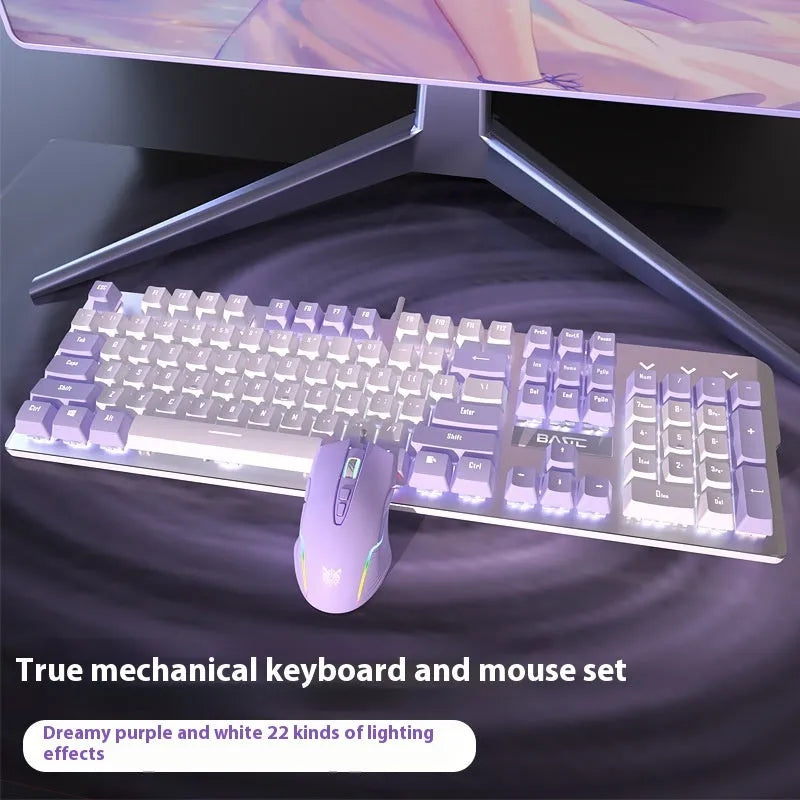 Purple and white mechanical keyboard and mouse set with backlight illumination on desk