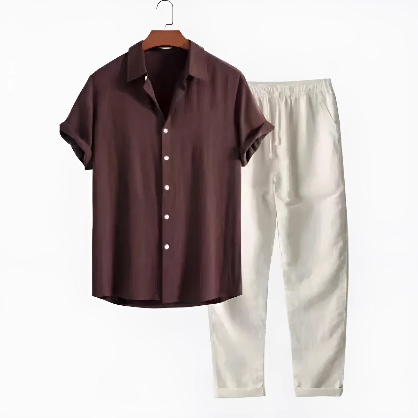 Men's casual linen-style shirt and trousers two-piece set in coordinating colours