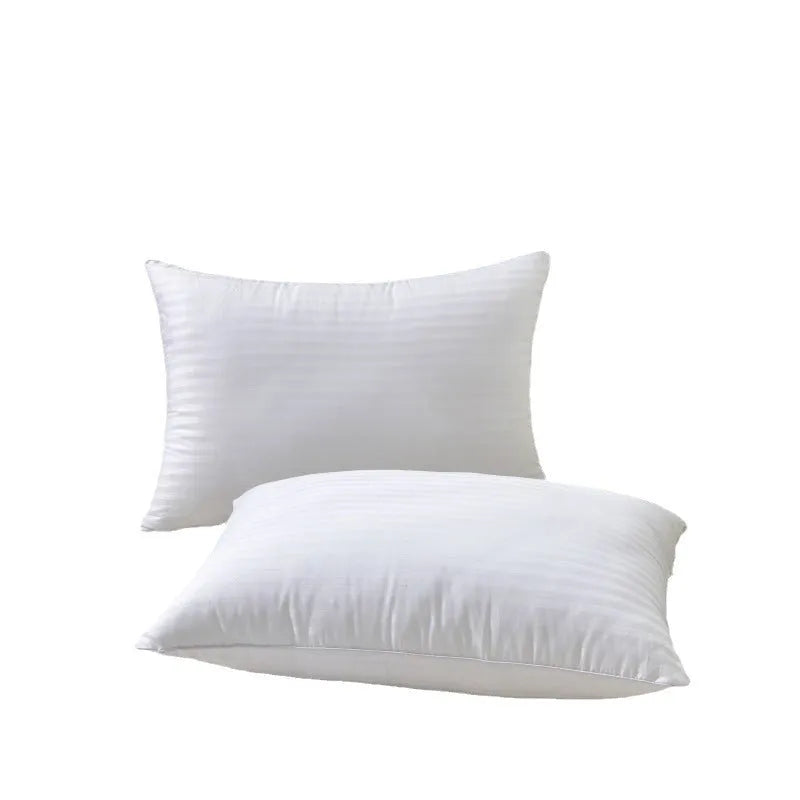 White hotel cotton satin stripe feather pillow showing size options and feather cotton filling