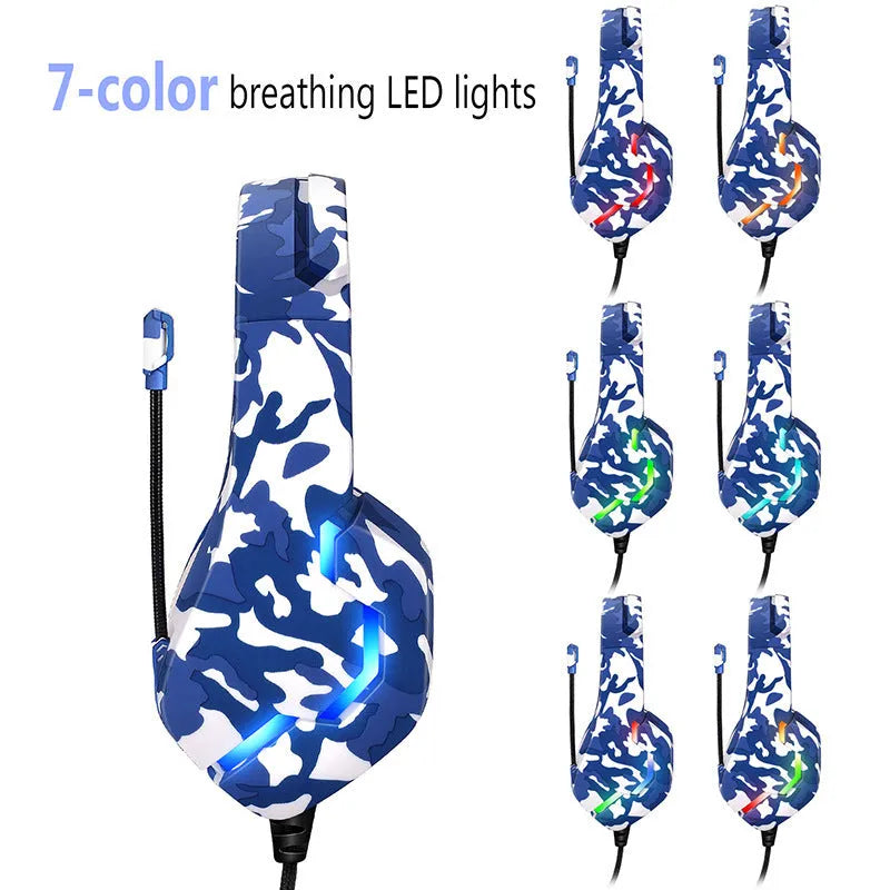 Wired camouflage gaming headset with microphone on a braided cable, shown in blue and white colour options.