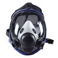 Blue-edged spherical full face gas mask with silicone construction and trapezoidal canister