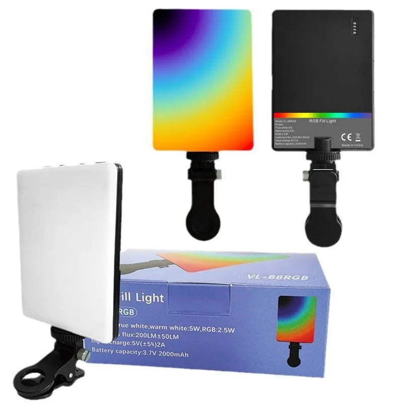 Handheld portable LED fill light with tricolour and RGB clip-on heads for live broadcast.