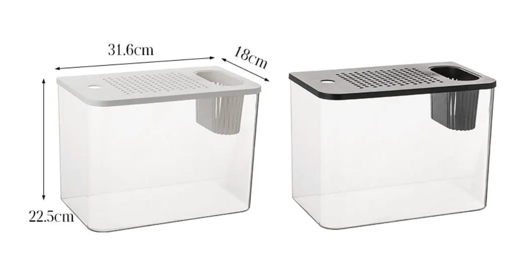 Plastic betta fish tank with cover measuring 32x18.5x23 cm in black and white colour options