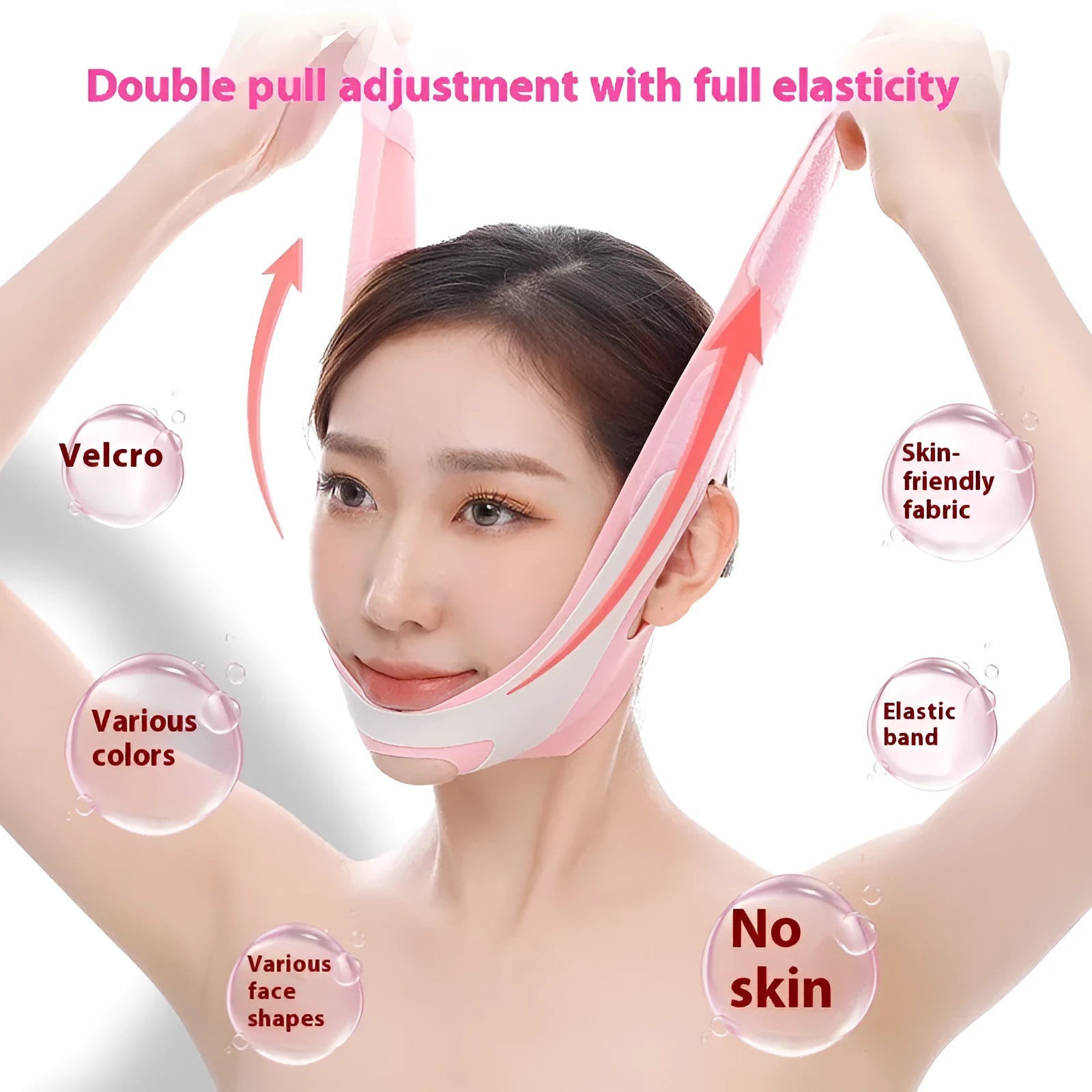 Pink and black elastic V-shaped face bandage for facial contouring with packaging options