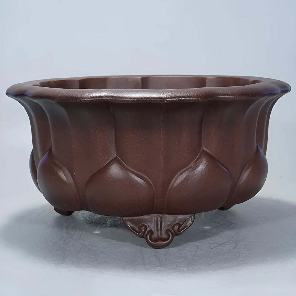 Purple sand antique Chinese style bonsai flower pot with petal basin shape.