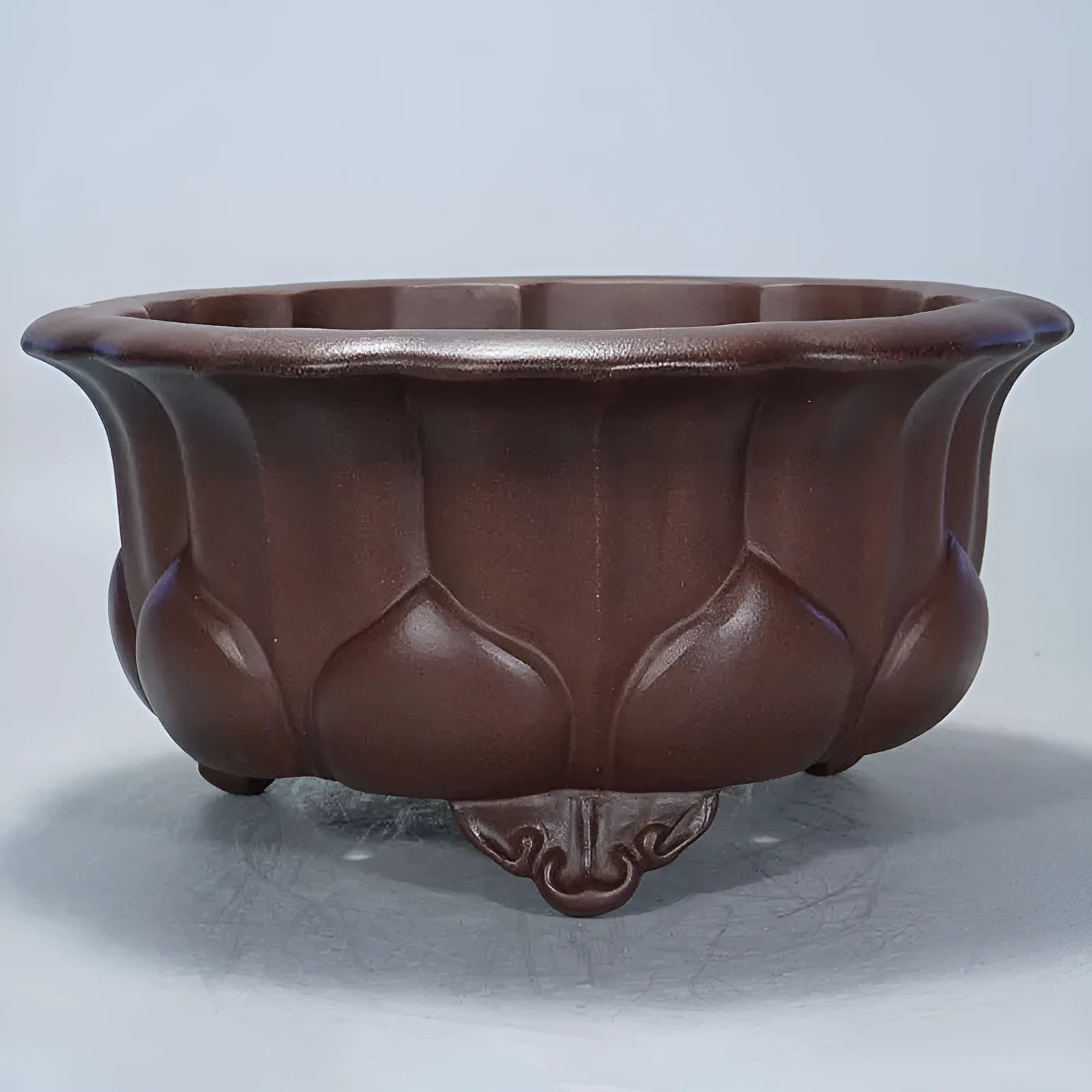 Purple sand antique Chinese style bonsai flower pot with petal basin shape.