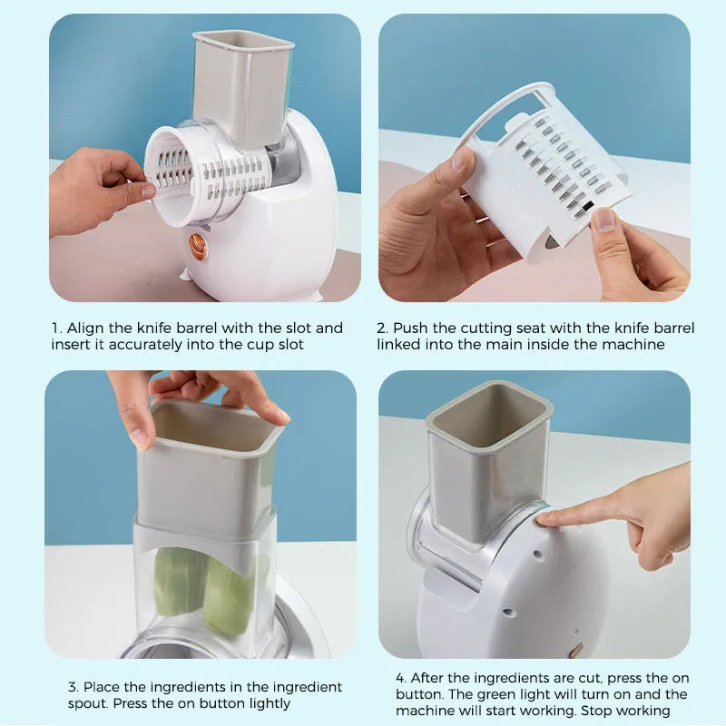 White and green electric vegetable slicer with suction base, feeding port, and multiple blades for cutting potatoes and carrots.