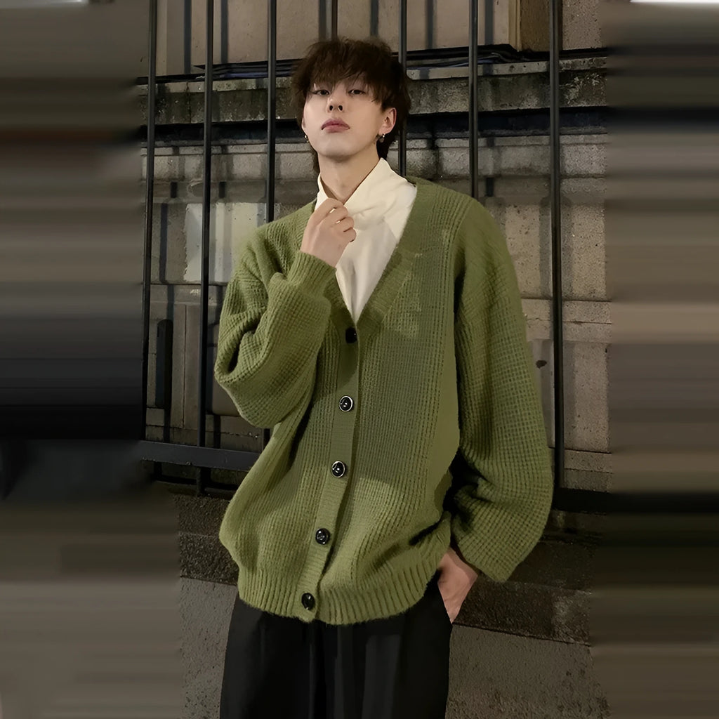 Men's loose fit V-neck cardigan sweater in army green, casual cotton blend fabric.