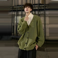Men's loose fit V-neck cardigan sweater in army green, casual cotton blend fabric.