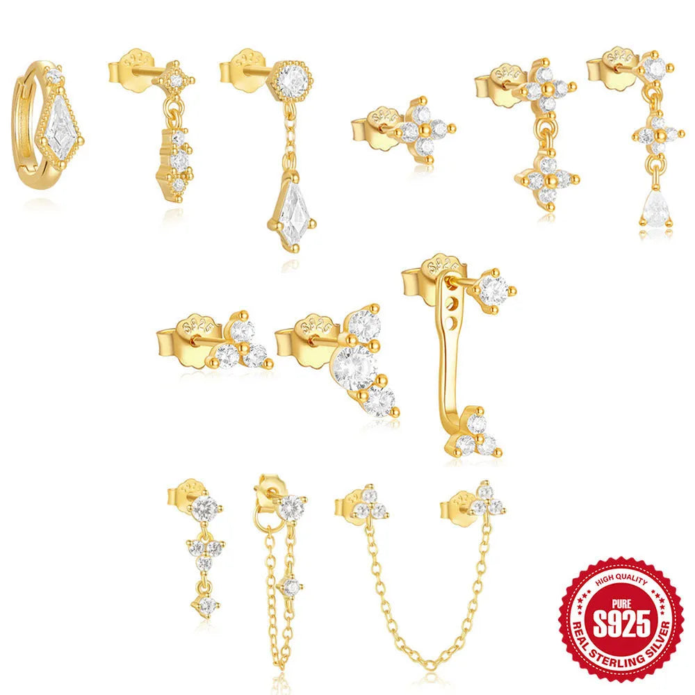 S925 sterling silver geometric zircon tassel stud earrings set for women.