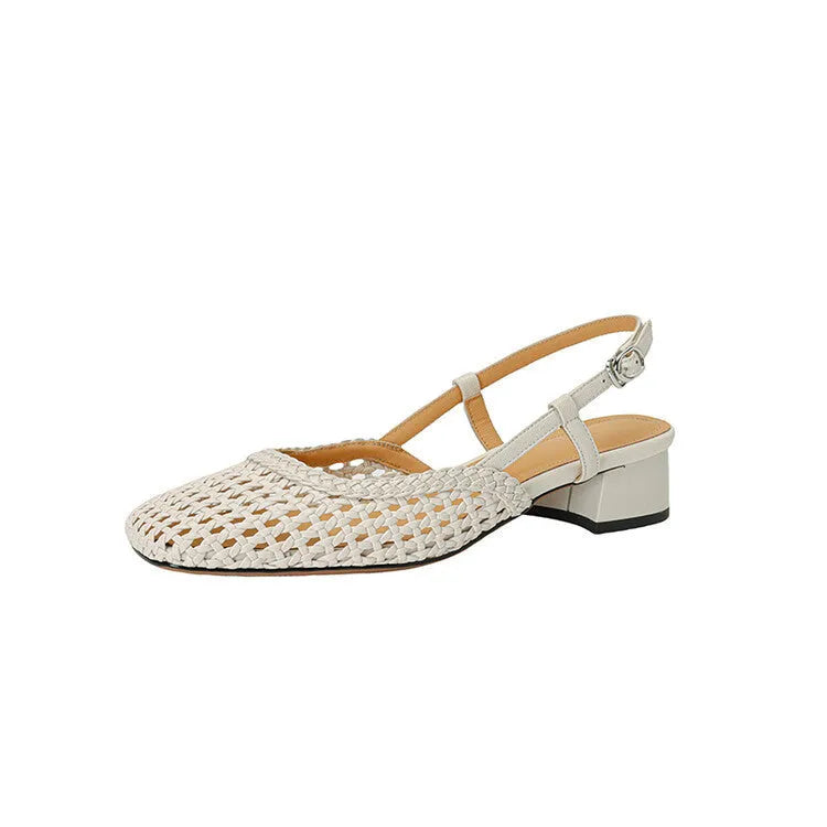 Women's beige woven sandals with closed toe, square head, buckle strap, and chunky heel.