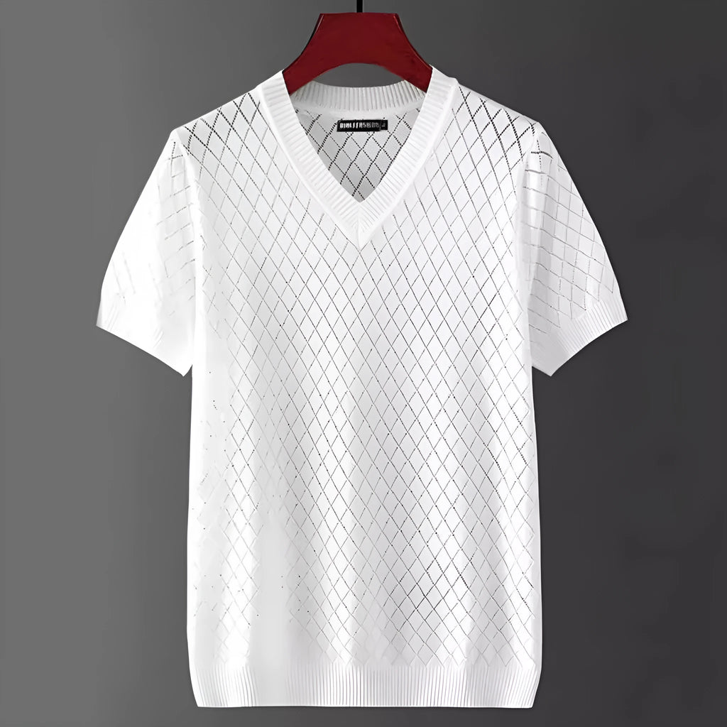 Men's ice silk T-shirt on a hanger, showing both V-neck and round neck options in black and white.