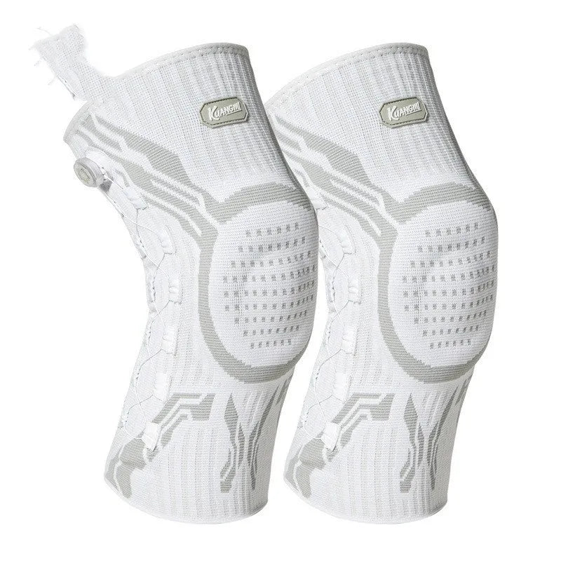 Grey-white sports knee pads showing left and right foot-specific design for basketball, football, and badminton protection