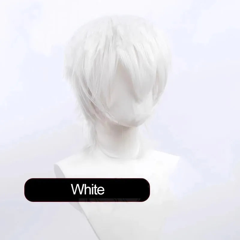 Short anime-style cosplay wig with a lengthened, straight hair tail on a wig stand.