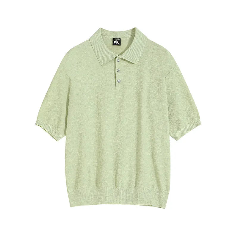 Men's caramel retro knitted polo shirt with asymmetric design and short sleeves on hanger