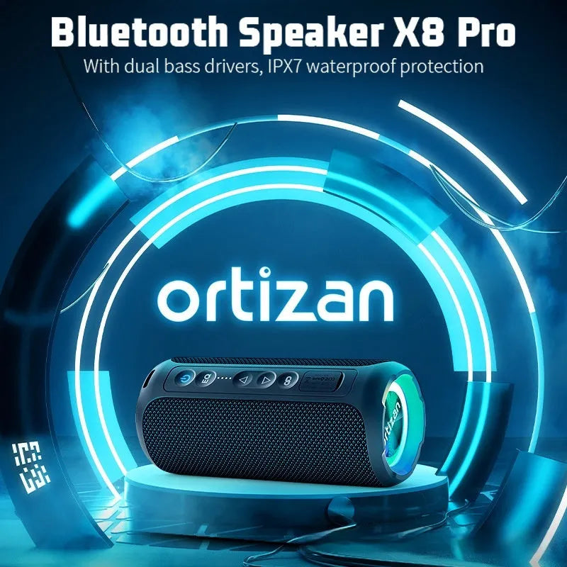Black and blue fabric wireless Bluetooth speaker with LED lighting showing front controls