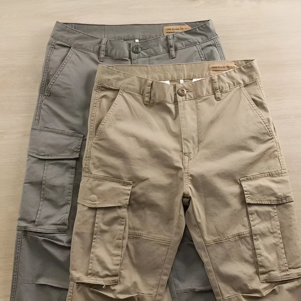 Men's multi-pocket cotton work trousers in khaki colour with cropped leg design showing utility pockets