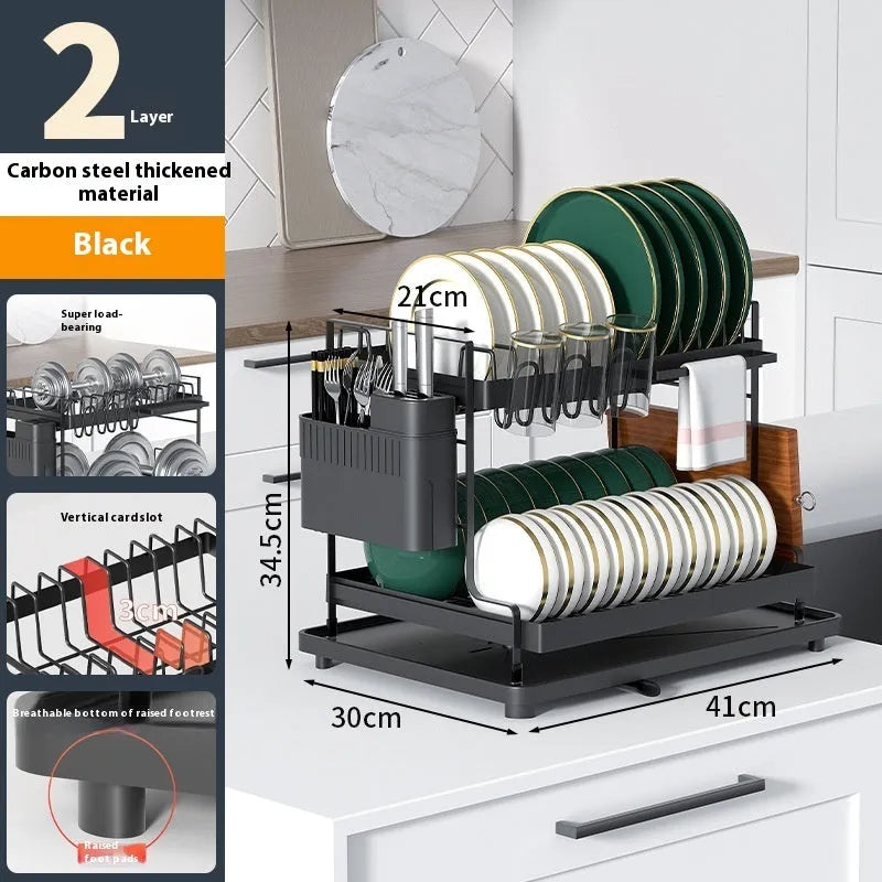 White double-layer metal kitchen draining rack with a removable plastic drip tray underneath