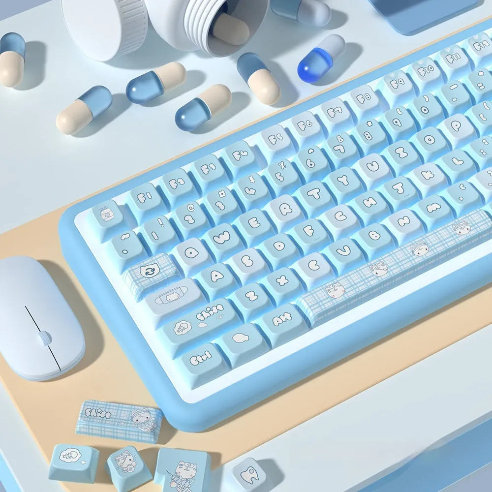 Custom watercolour kitten design keycap set for mechanical keyboards with opaque legends in boxed packaging