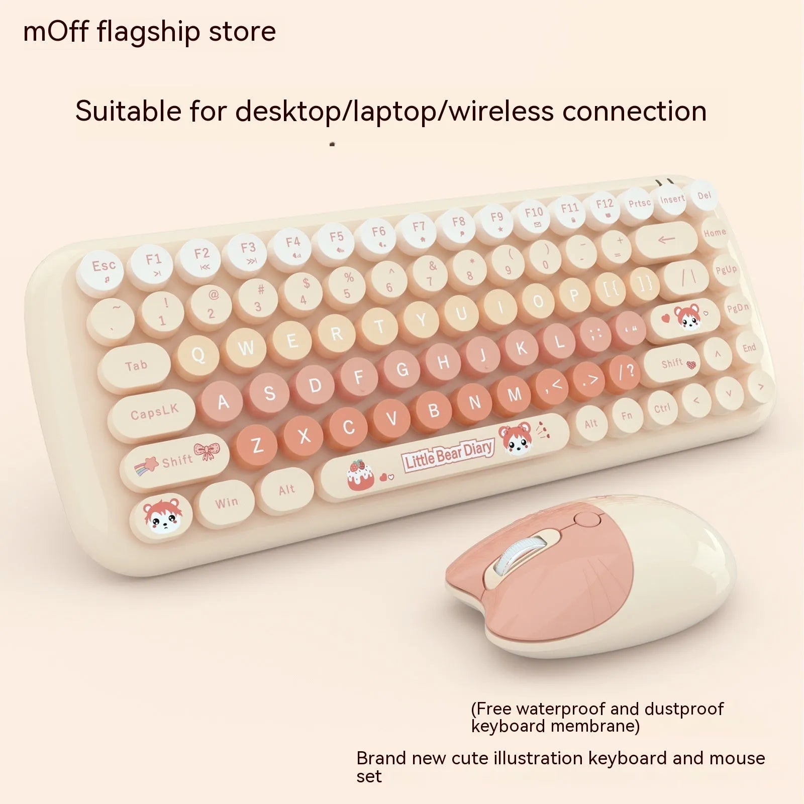 Candy pink wireless keyboard and mouse set with compact design on workspace