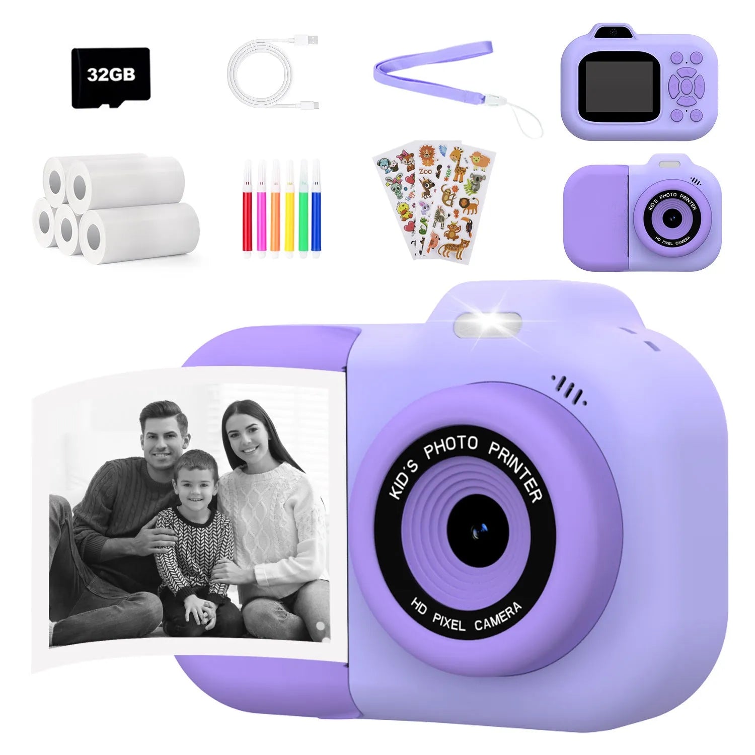 Children's plastic digital camera in blue, pink or purple with video recording and game functions
