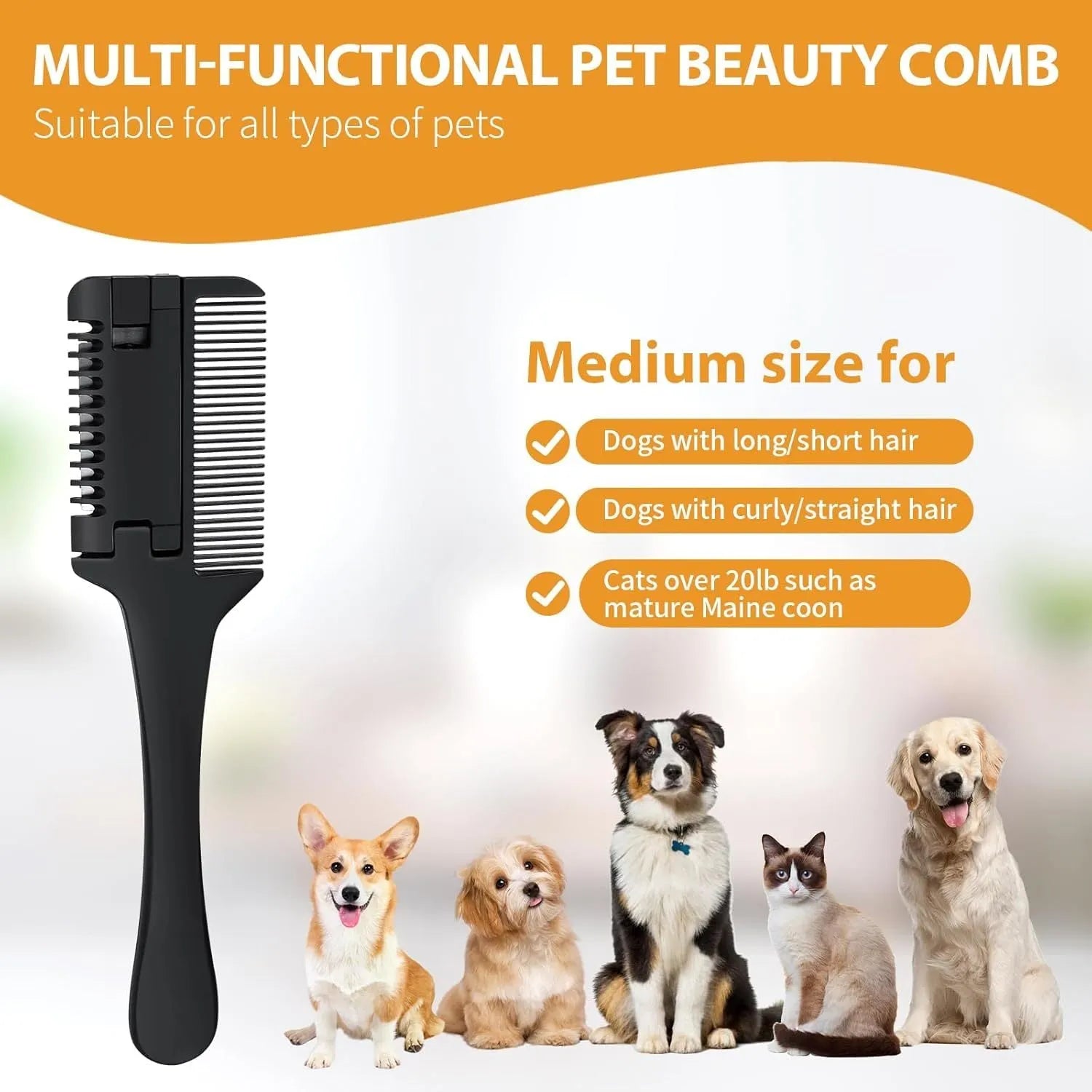 A handheld razor comb for pets showing the comb teeth and integrated trimming blade.