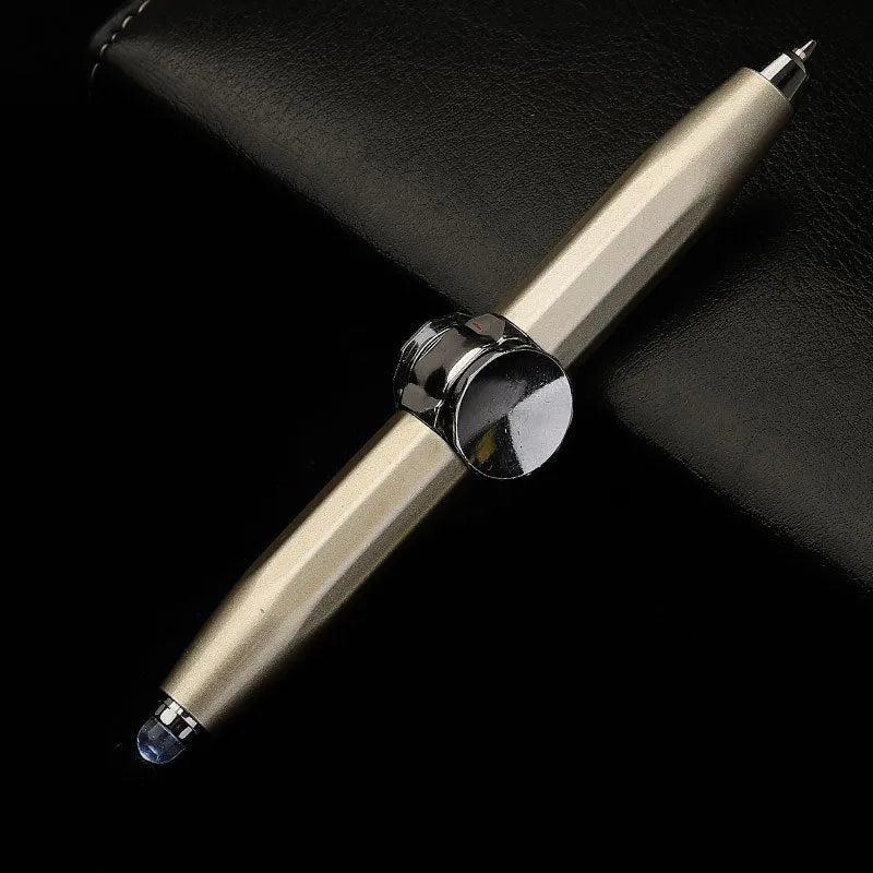 Metal multi-function LED pen with spinning gyro component and ballpoint refill.