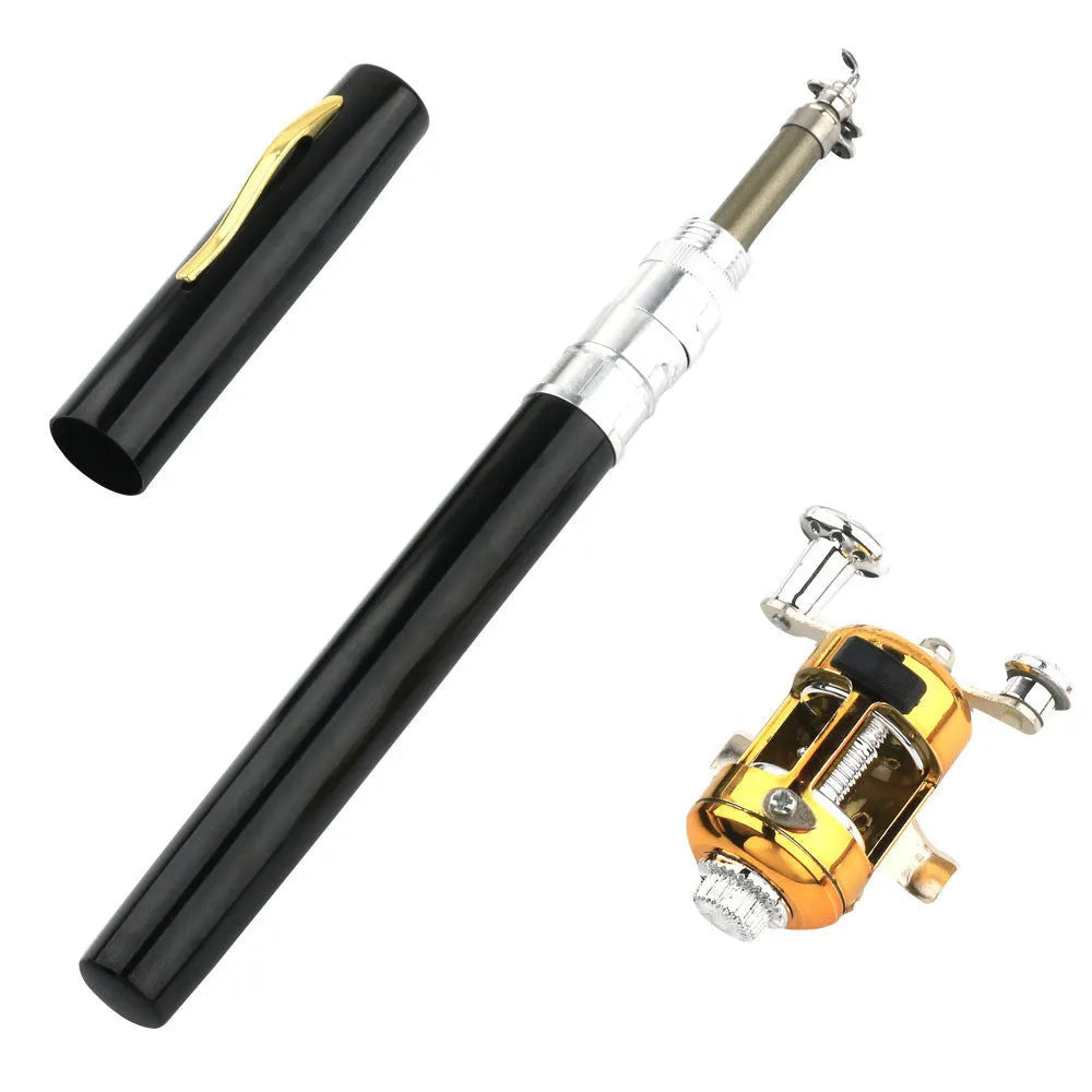 Collapsed and extended view of a pocket telescopic fishing rod with aluminium case and plastic reel.