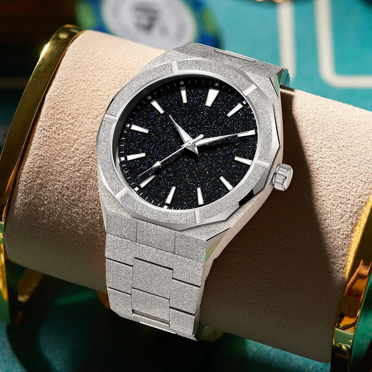Men's frosted stainless steel business watch with luminous markers on dial in silver colour.