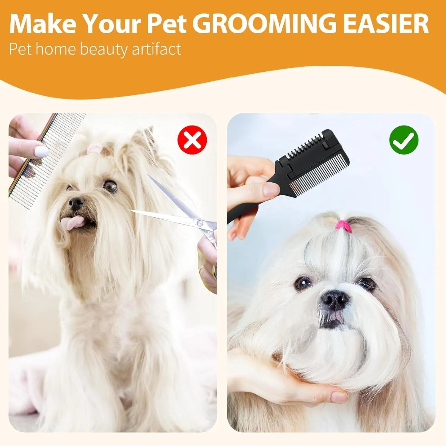 A handheld razor comb for pets showing the comb teeth and integrated trimming blade.