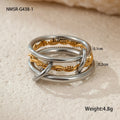 Stacked gold-plated stainless steel rings for women in three colour options, shown as a layered set on a hand.