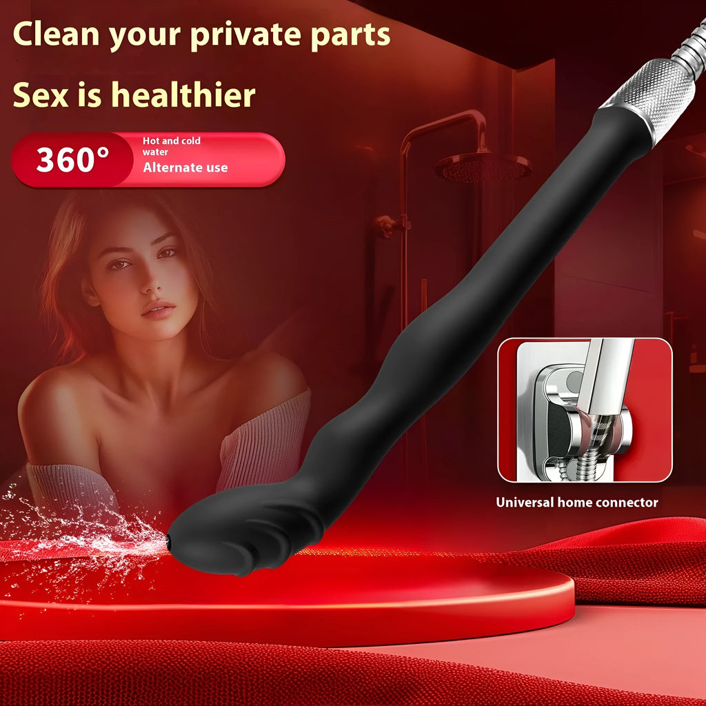 Black silicone hosepipe flusher or enema for pet care and cleaning.
