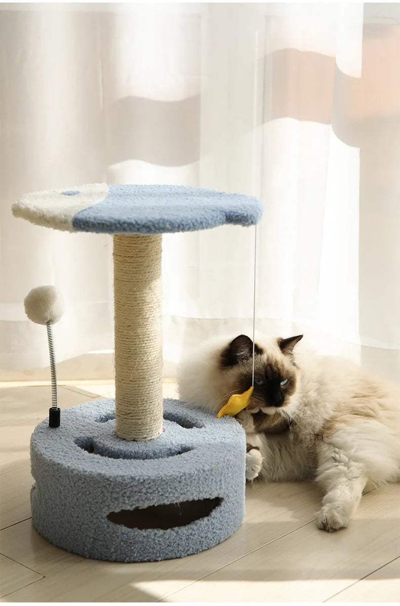 Small cat climbing frame with sisal scratching post, skin-friendly fabric, hi-play device, and sisal scratching board