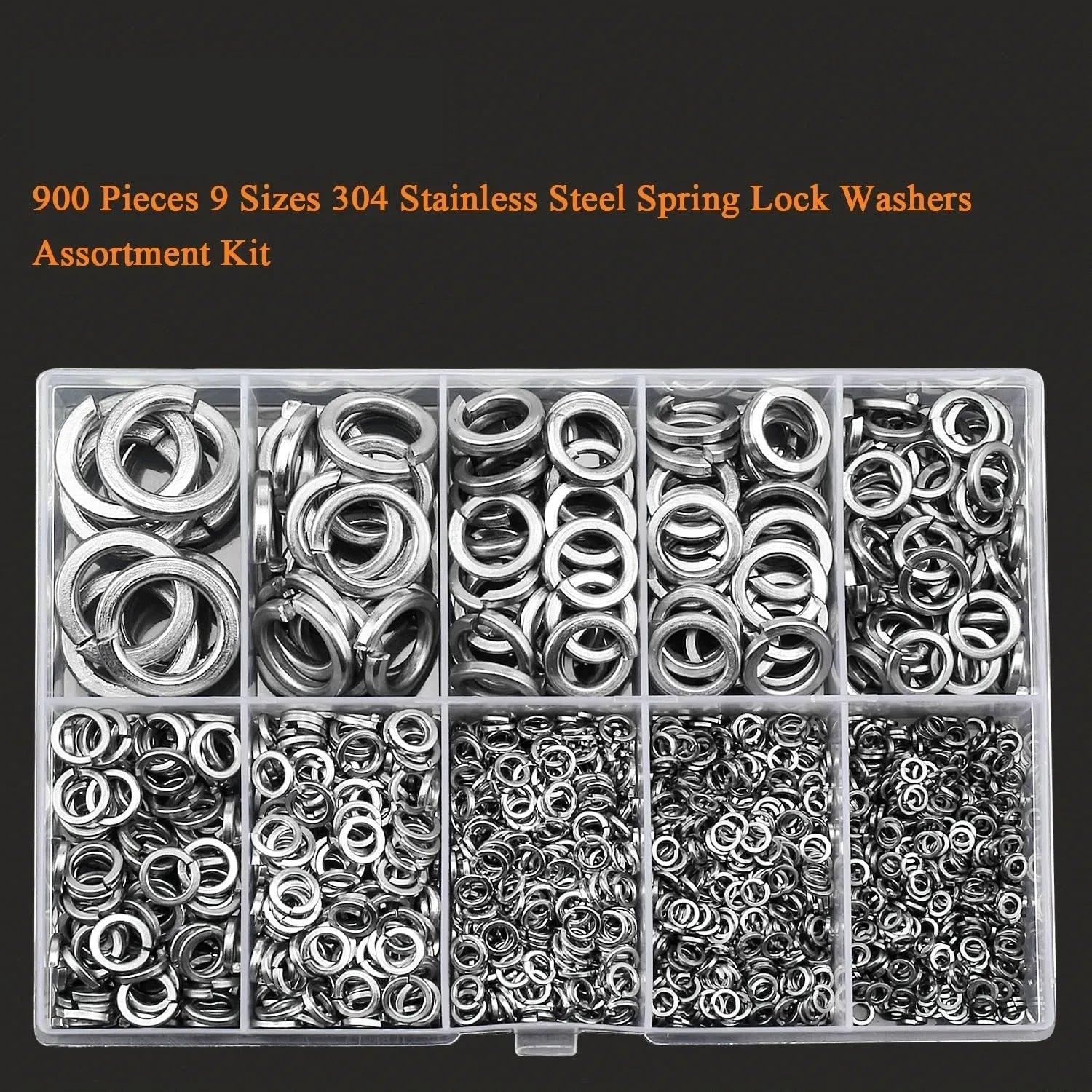 304 stainless steel spring lock washer combination box containing 900 assorted pieces