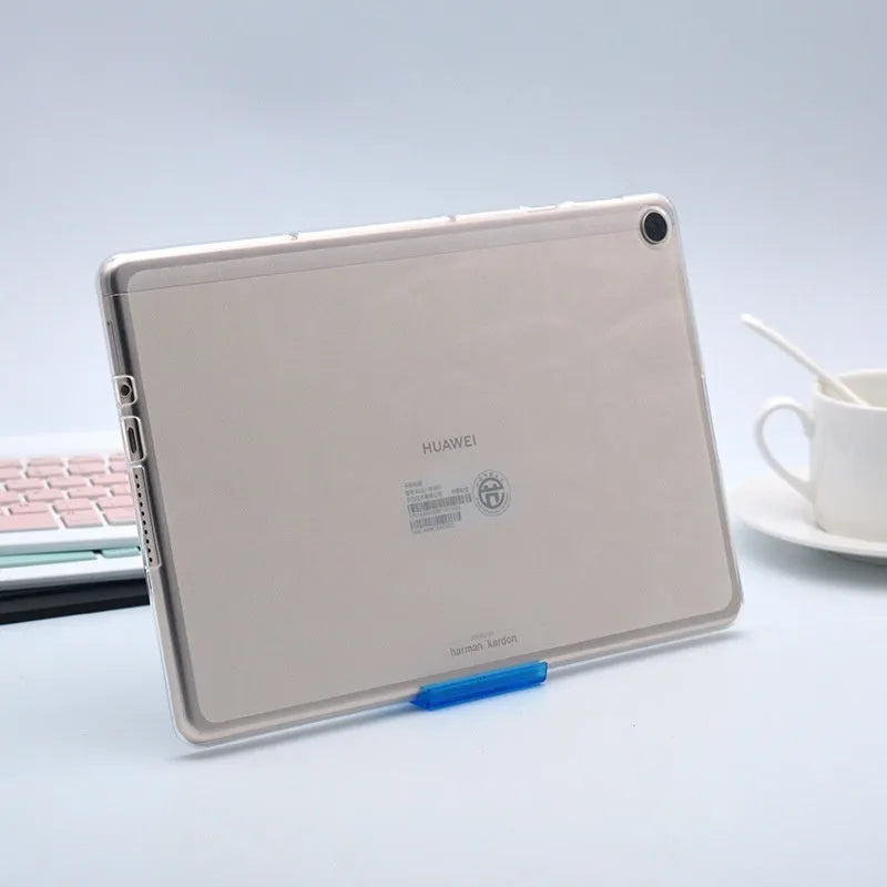 Clear transparent white ultra-thin silicone protective case for a tablet on a flat surface.