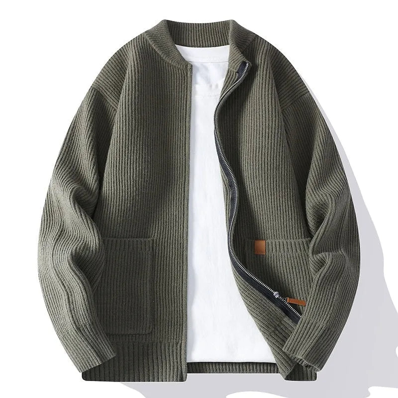 A man's straight-cut striped cardigan in a polyvinyl alcohol fibre blend, shown in beige colour.