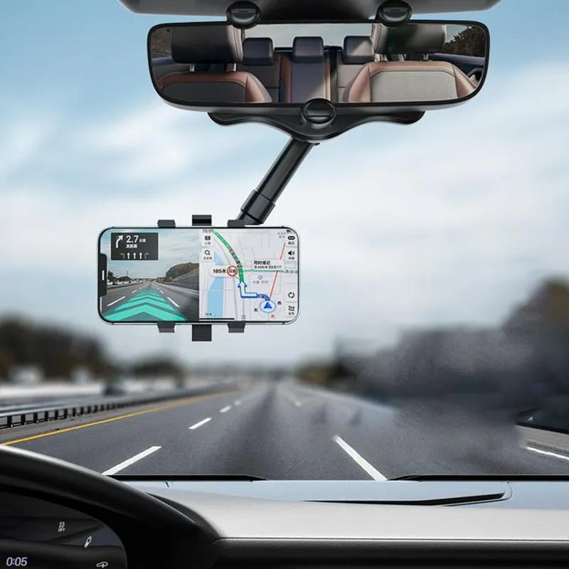 Black rearview mirror phone holder with 360° rotating head and retractable arm extended