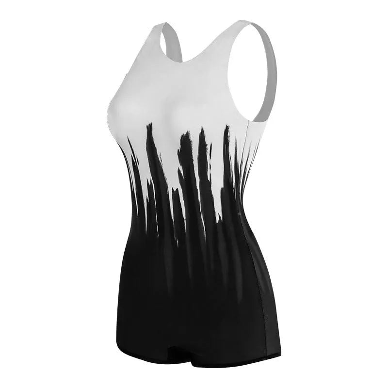 Black ladies conservative sports one-piece swimsuit with printed pattern, shown on a hanger.